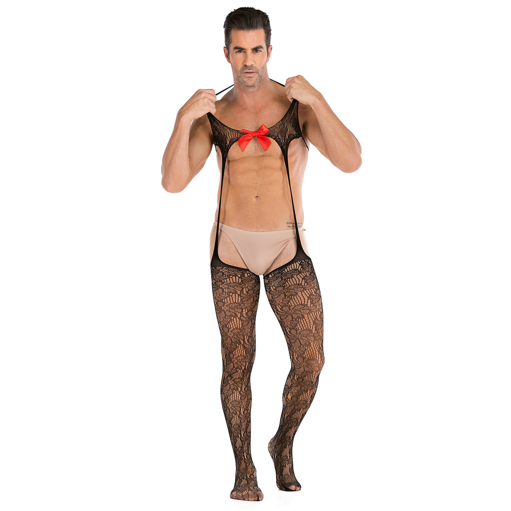 Men's Open Crotch Garter Fishnet Body Suit | Black | Red Bow | Stockin…
