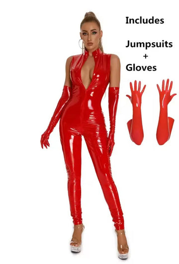 Come Closer PVC Leather  Bodysuit | Sleeveless| Wet look | Front Zipper Open Crotch