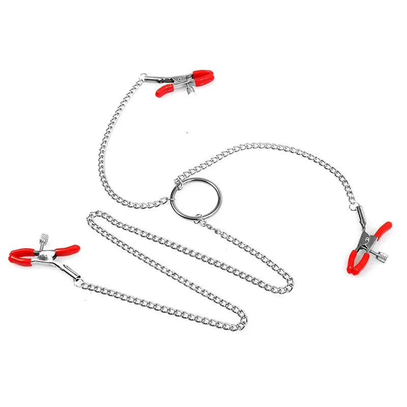 3 Headed Nipple & Labia Clamp Chain | Fetish | Metal | Red | Bondage