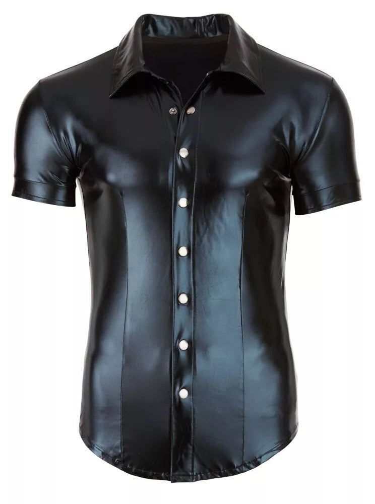 Come Closer Wetlook Leather Men Shirt | Black | Stretchy | Faux Leather