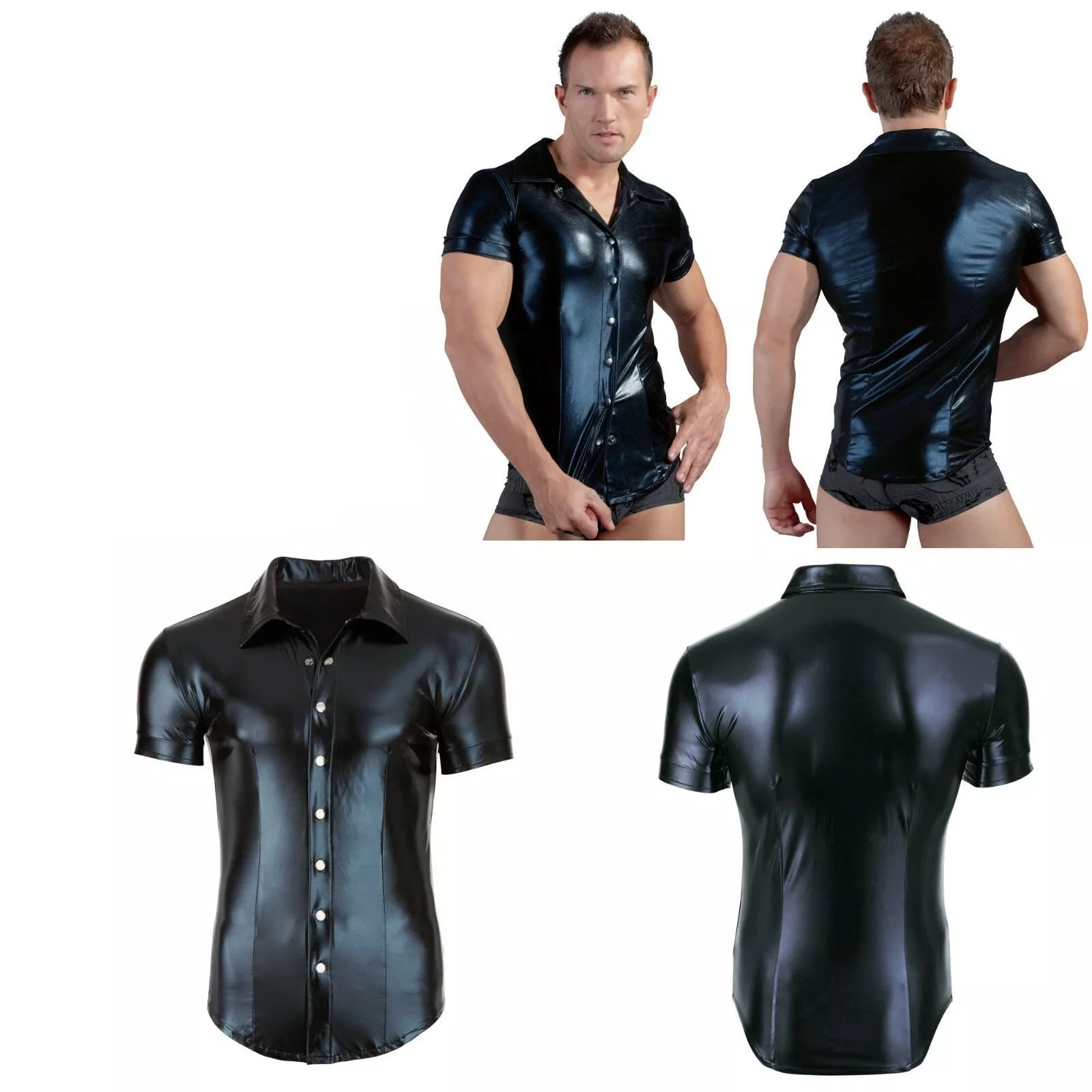 Come Closer Wetlook Leather Men Shirt | Black | Stretchy | Faux Leather