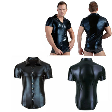 Come Closer Wetlook Leather Men Shirt | Black | Stretchy | Faux Leather