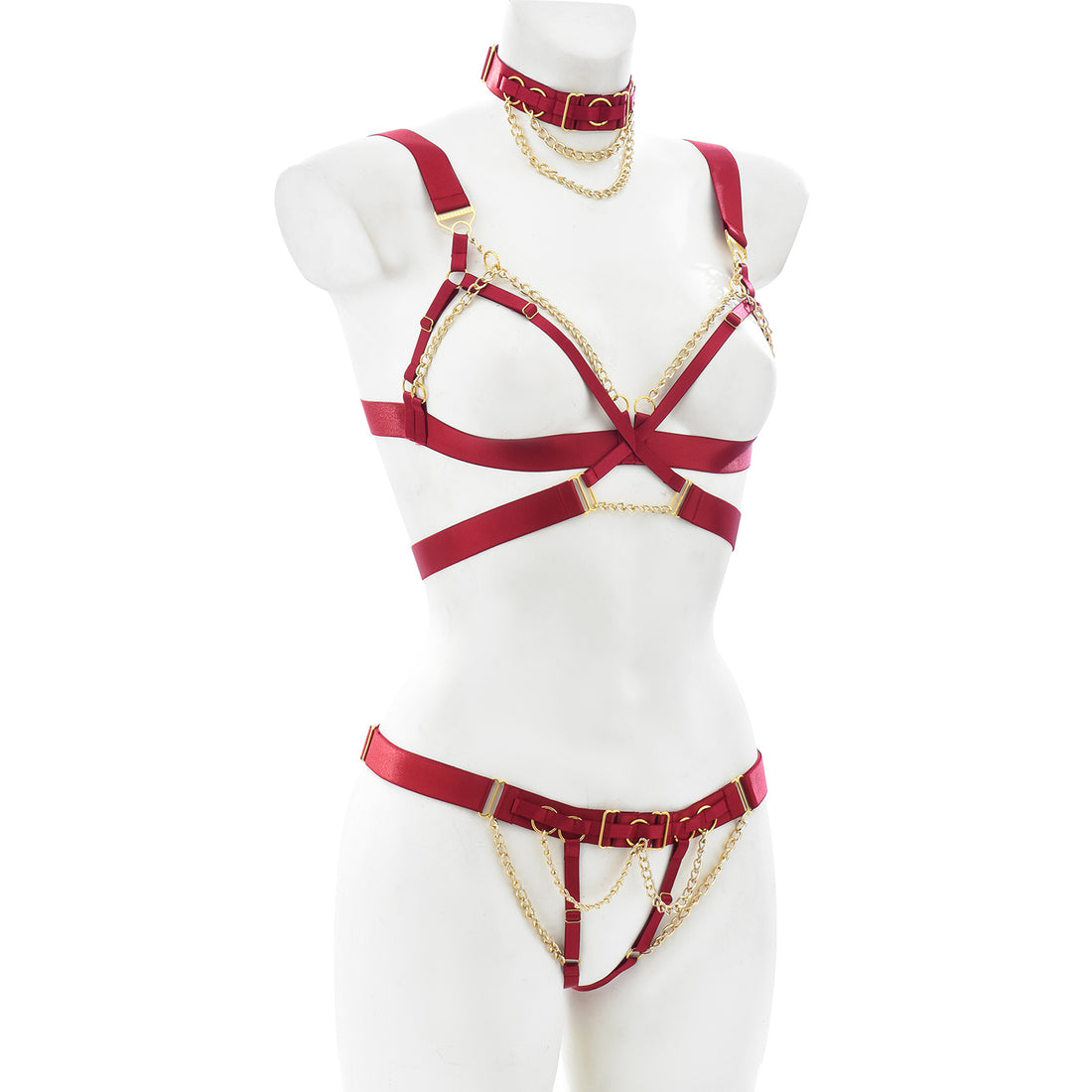 Inspire Fetish Spandex 3 Piece Maroon Harness Set | Open Breast | Crotch Less | Collar | Adjustable