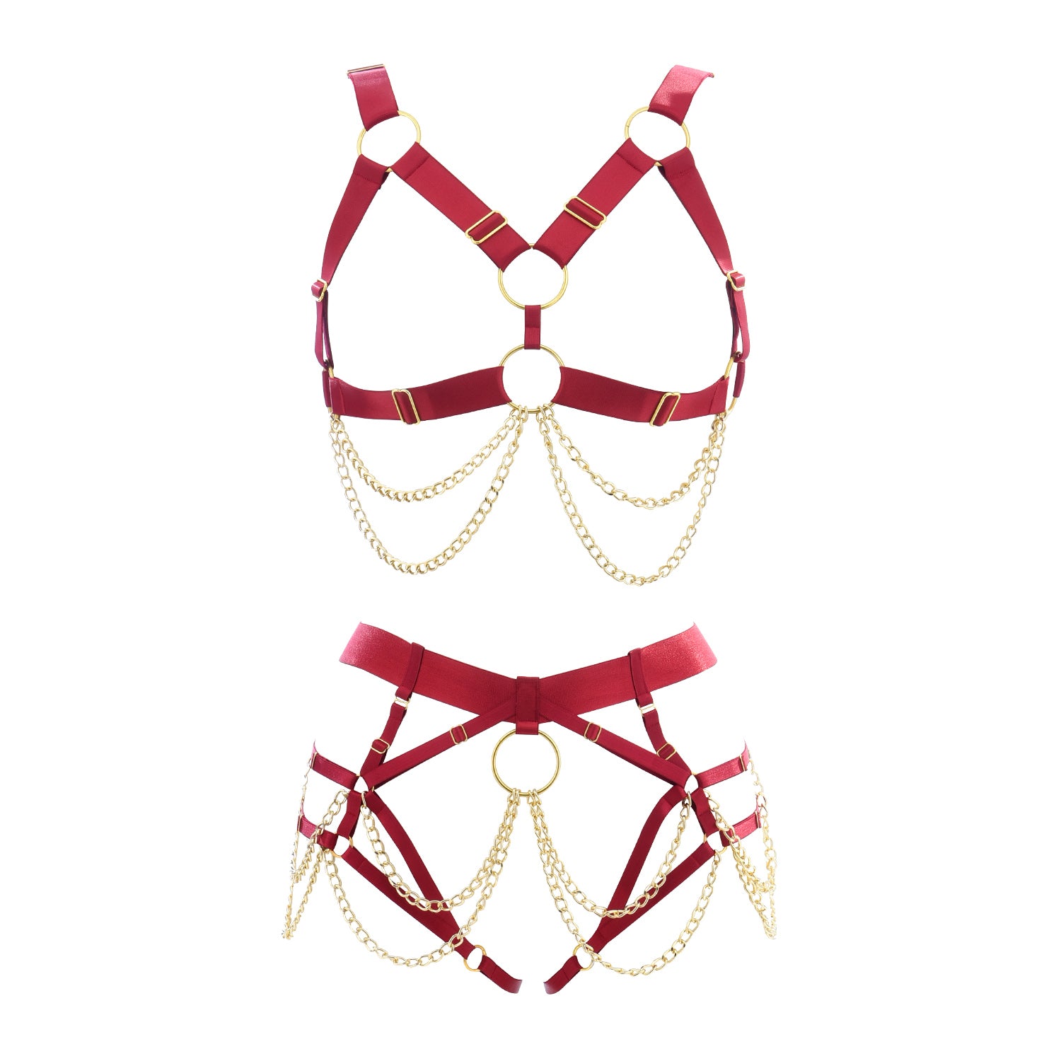 Fetish Maroon Series | Open Breast | Crotch less | Adjustable | Unisex | Gold Chains