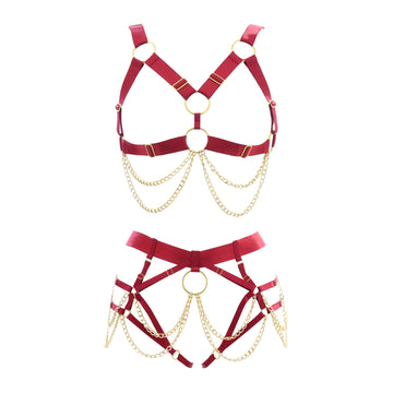 Fetish Maroon Series | Open Breast | Crotch less | Adjustable | Unisex | Gold Chains