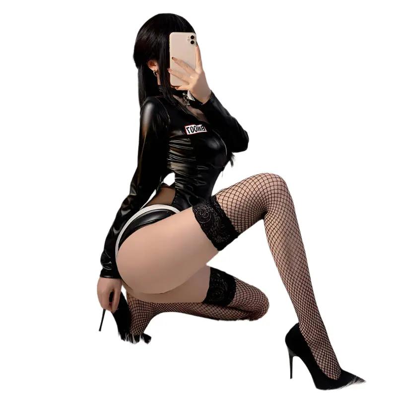 Bad Kitty Double Zipper PVC Stretch Leather Bodysuit | Open Crotch  | Free Size Come Closer