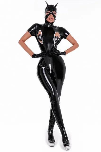 BadKitty Short Sleeve Bodysuit | PU Leather | Zipper Open Crotch | Zipper Open Bra Come Closer