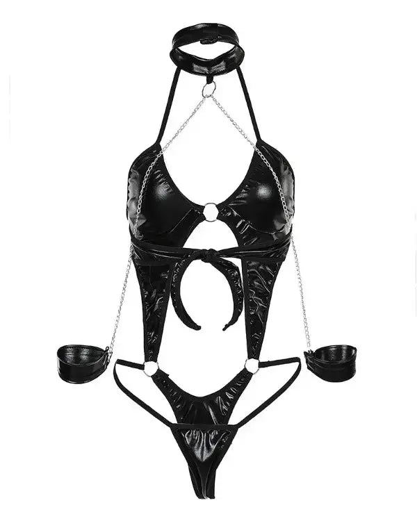 Gothic Style | One Piece With Cuffs | O-Ring Chain Strap | Backless | Faux Leather https://www.mysexshop.co.za/