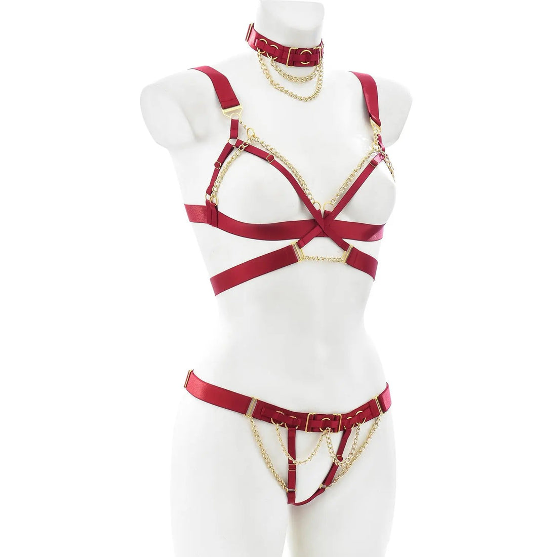 Inspire Fetish Spandex 3 Piece Maroon Harness Set | Open Breast | Crotch Less | Collar | Adjustable Cottelli Collection