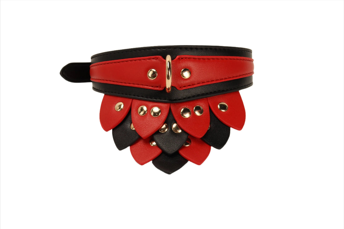 Kink Red & Black Leaf Neck Collar | Faux Leather | Gold  Press Studs | Adjustable Being Fetish