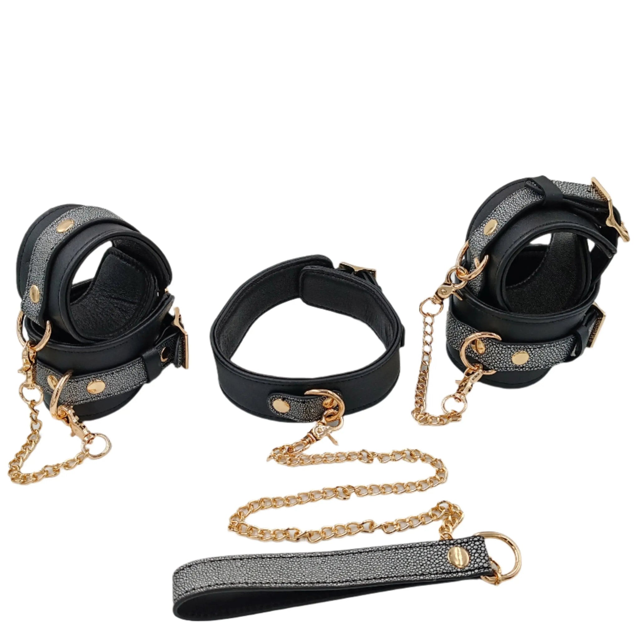 Mystim Lux 6 Piece Organic Leather Bondage Set | Wrist | Ankles | Collar | Chain Being Fetish