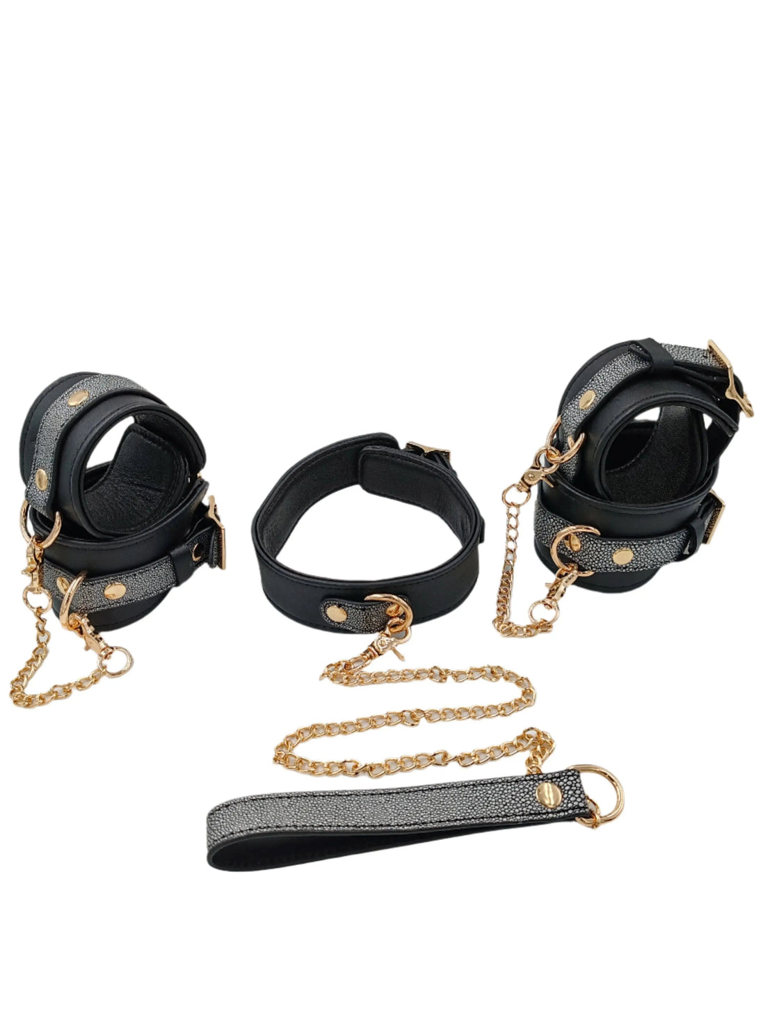 Mystim Lux 6 Piece Organic Leather Bondage Set | Wrist | Ankles | Collar | Chain Being Fetish