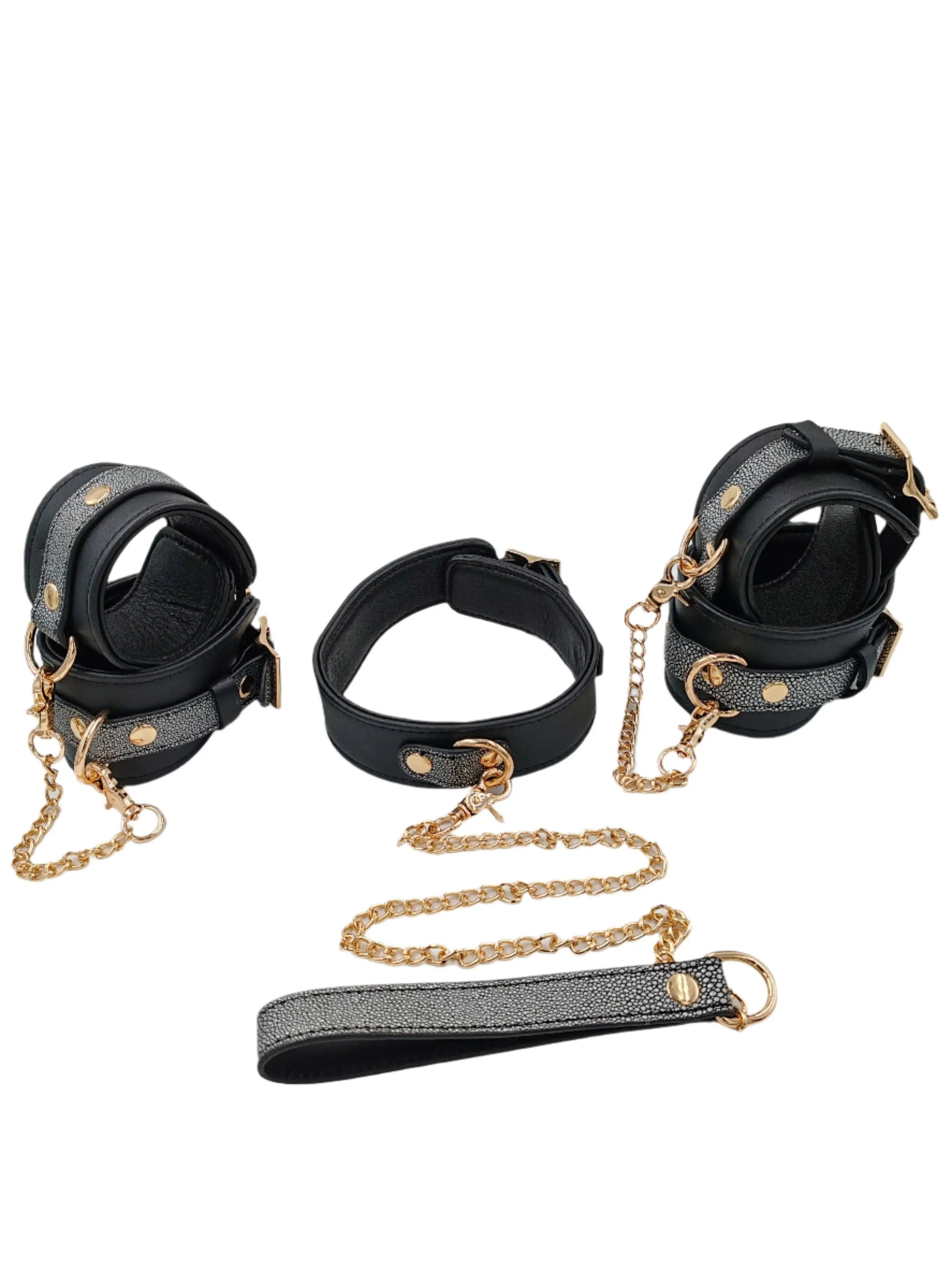 Mystim Lux 6 Piece Organic Leather Bondage Set | Wrist | Ankles | Collar | Chain Being Fetish