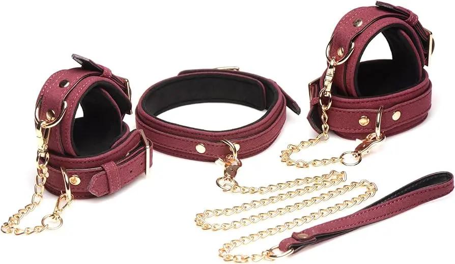 Mystim Real Leather 6 Piece Burgundy Bondage Set | Wrist | Ankles | Collar | Chain Being Fetish