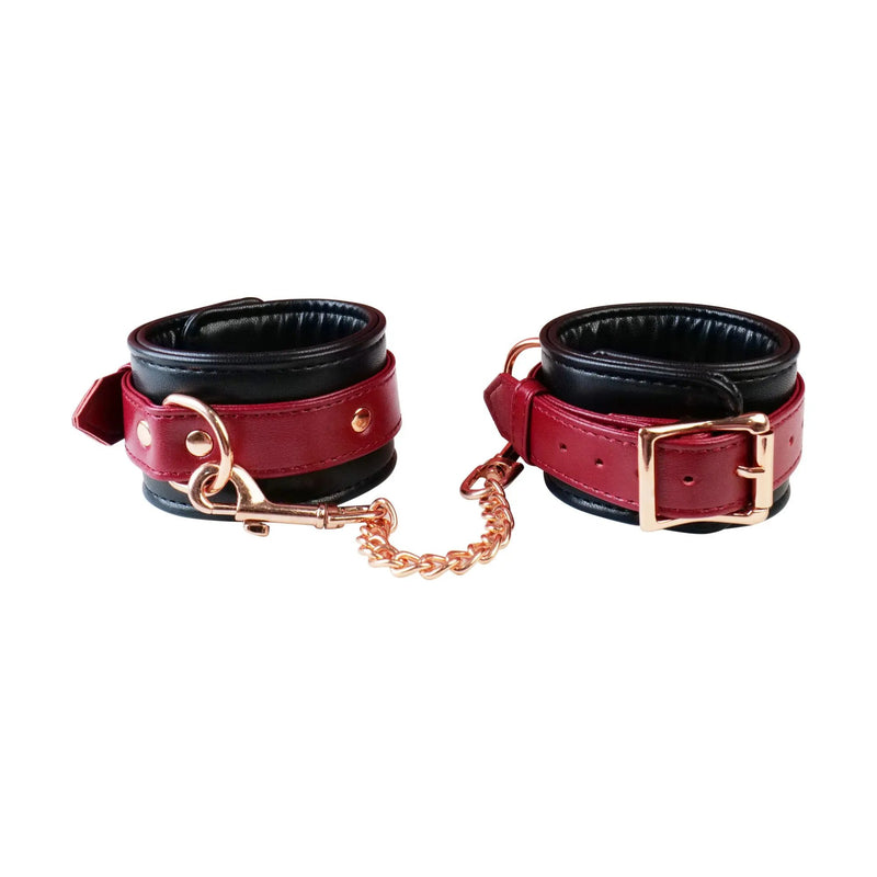 Mystim Real Leather 6 Piece Burgundy Bondage Set | Wrist | Ankles | Collar | Chain Being Fetish