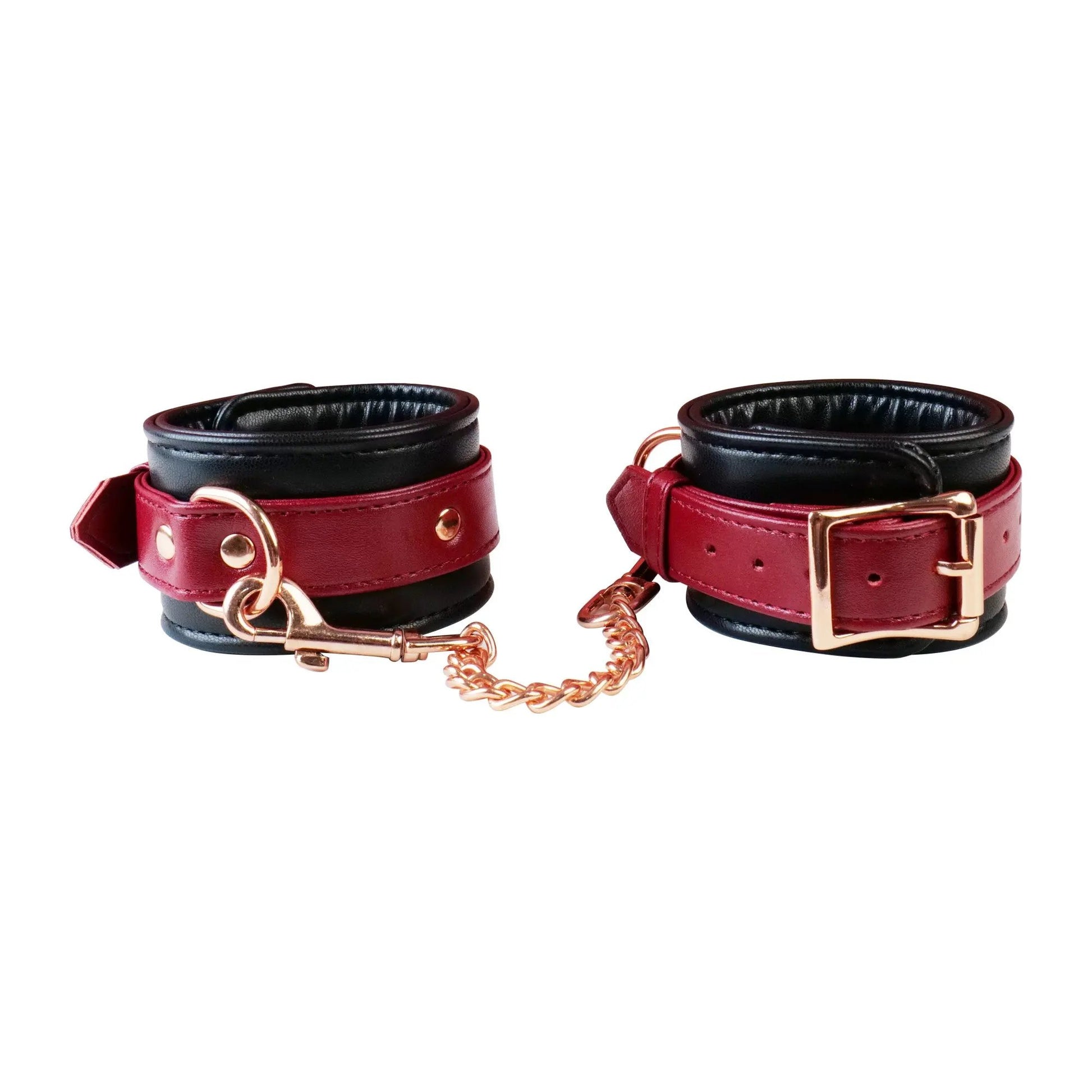 Mystim Real Leather 6 Piece Burgundy Bondage Set | Wrist | Ankles | Collar | Chain Being Fetish