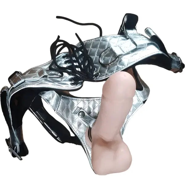 Perfect Silver Strap  On | 7" Get Real Bendable Dildo Nude  | Faux Fur | 3 Rings All American Whoppers