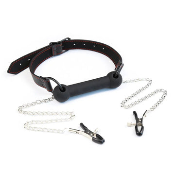 Rimba Silicone Bit Bone Mouth Gag | Nipple Clamps Chain | Adjustable Fetish Fantasy