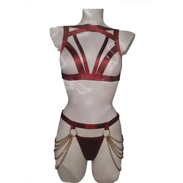 Stretchy Strap Lingerie Set With Golden Chains | High Waisted | Adjustment Buckle