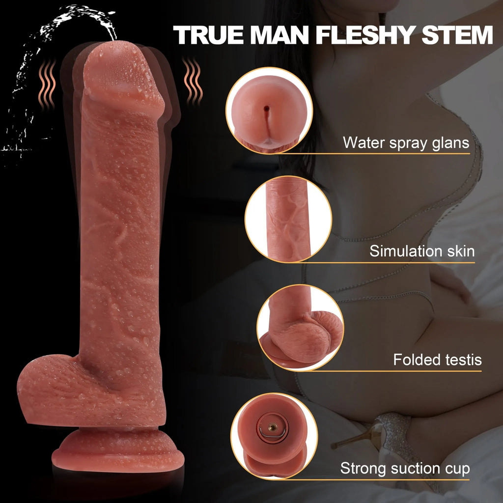 Can Cum Vibrating Tan Dildo  | Squirting Action  8" | Remote Control | USB