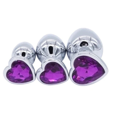 Silver Butt Plug Kit | Heart Shape | S/M/L | Purple Diamonds