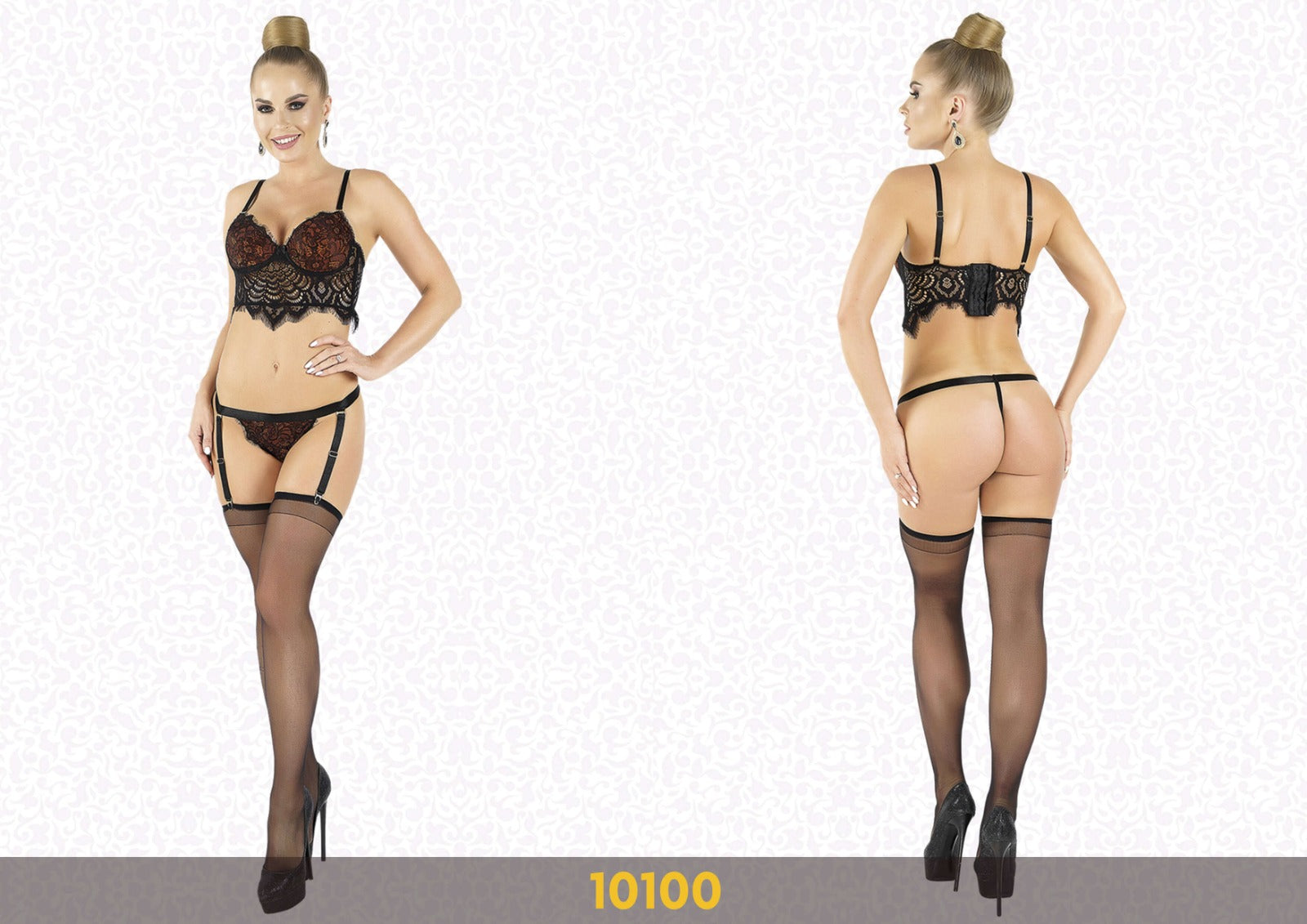 Elawin Lingerie | Patterned Red & Black Bra & Garter