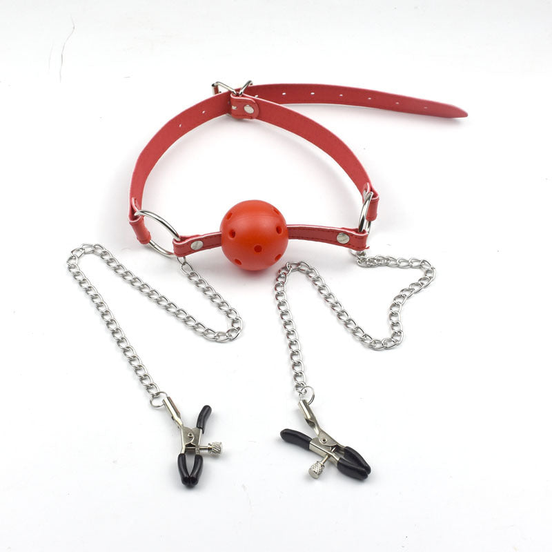 Come Closer Fetish Nipple Clamp & Gag Ball | Adjustable | Red